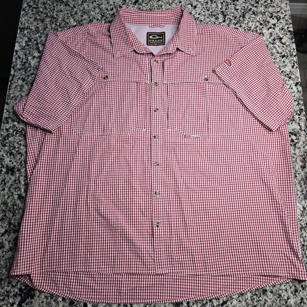 Drake Men Red Cotton Blend Gingham Fishing Shirt Large Short Sleeve Vented 3XL